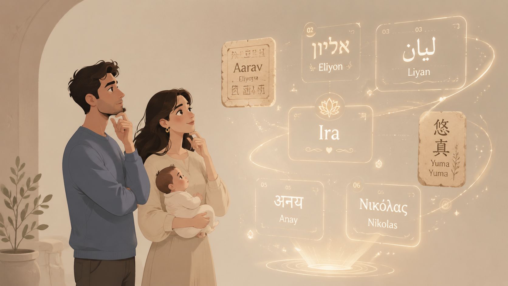 Un couple regardant une projection holographique affichant diverses options de prénoms pour leur nouveau-né.