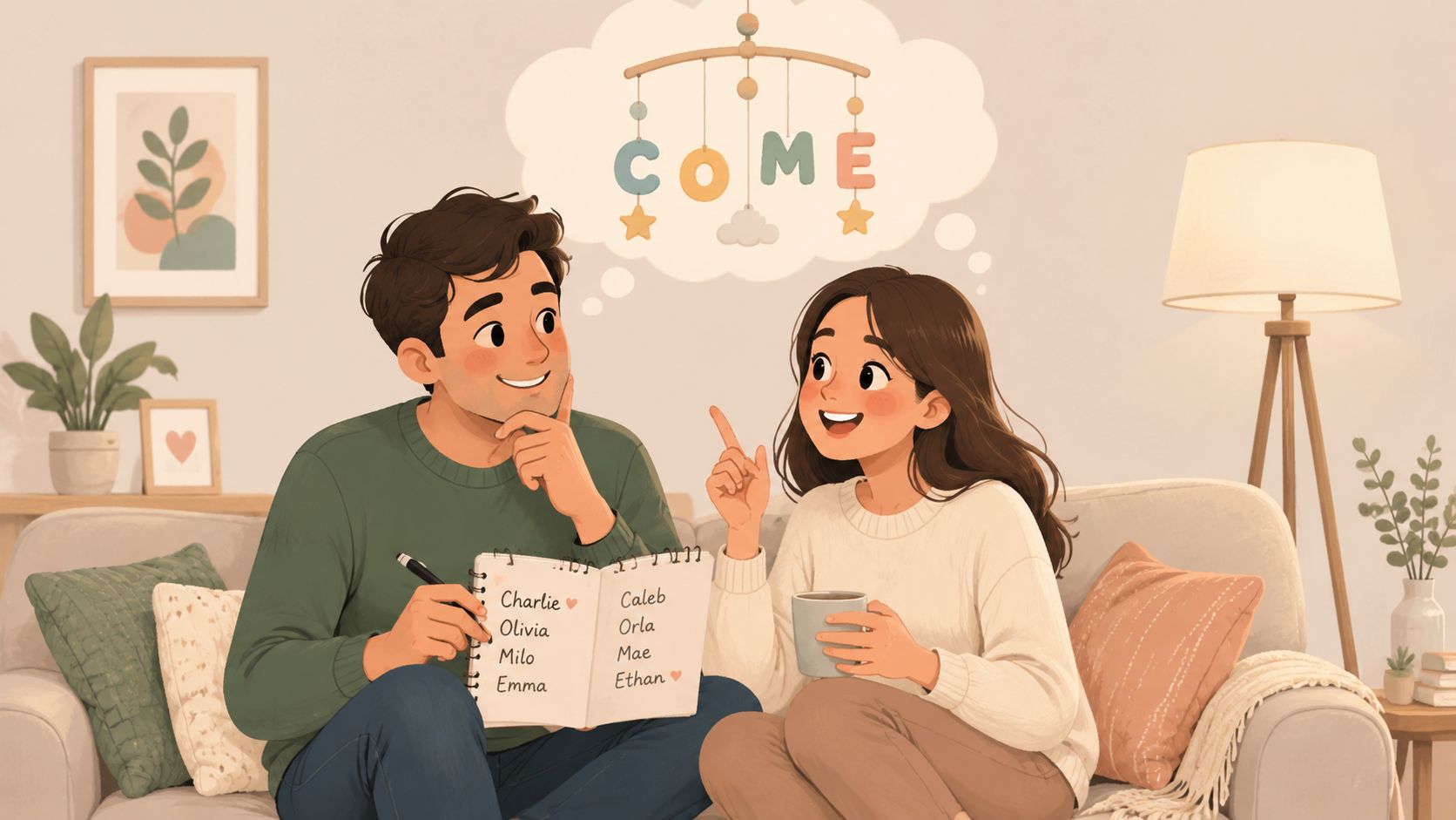 Un jeune couple joyeux assis sur un canapé, discutant et choisissant des prénoms pour leur futur bébé.