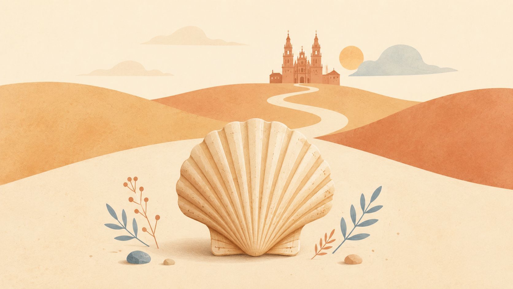 Une coquille Saint-Jacques sur le sable avec une cathédrale au loin, évoquant le pèlerinage de Compostelle.