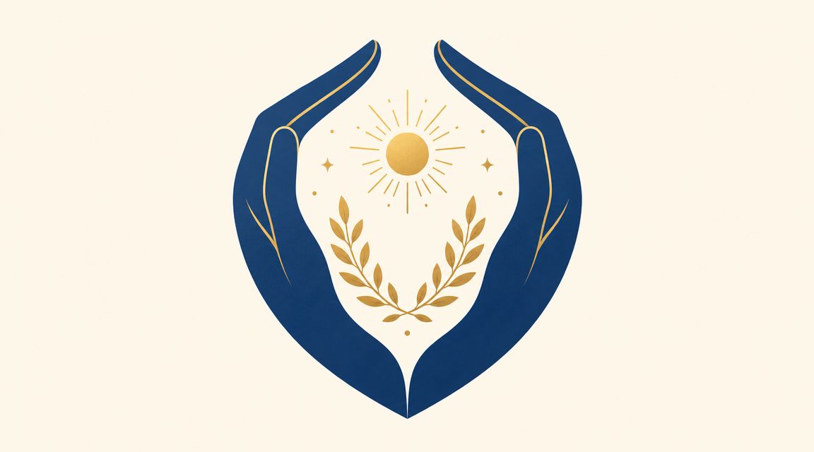 Illustration stylisée de mains bleues protégeant un soleil doré et des branches de laurier, symbole de bienveillance.