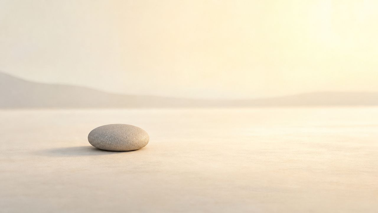 Un seul galet lisse posé sur une surface plane dans un paysage minimaliste et épuré au soleil.