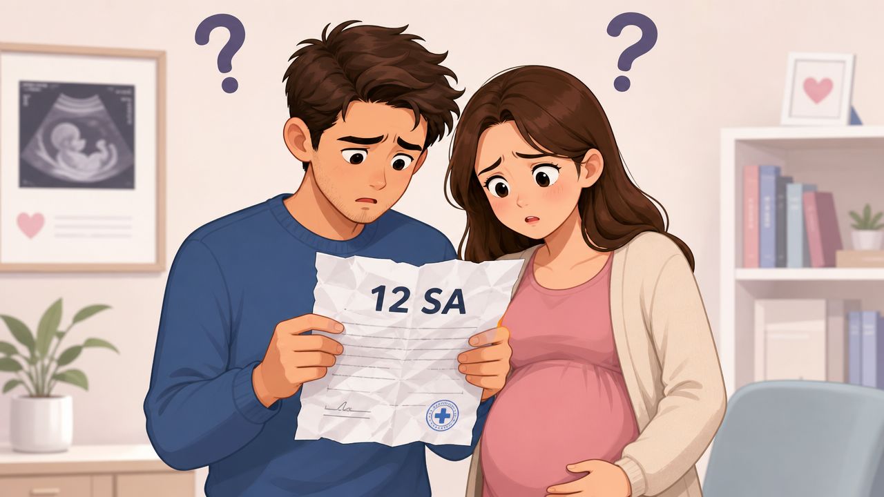 Un couple inquiet examinant un rapport médical affichant 12 semaines d'aménorrhée, symbolisant une étape importante de la grossesse.