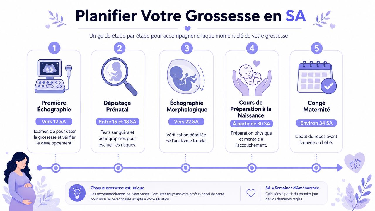 Infographie illustrant les étapes clés de la grossesse en semaines d'aménorrhée, de l'échographie au congé maternité.