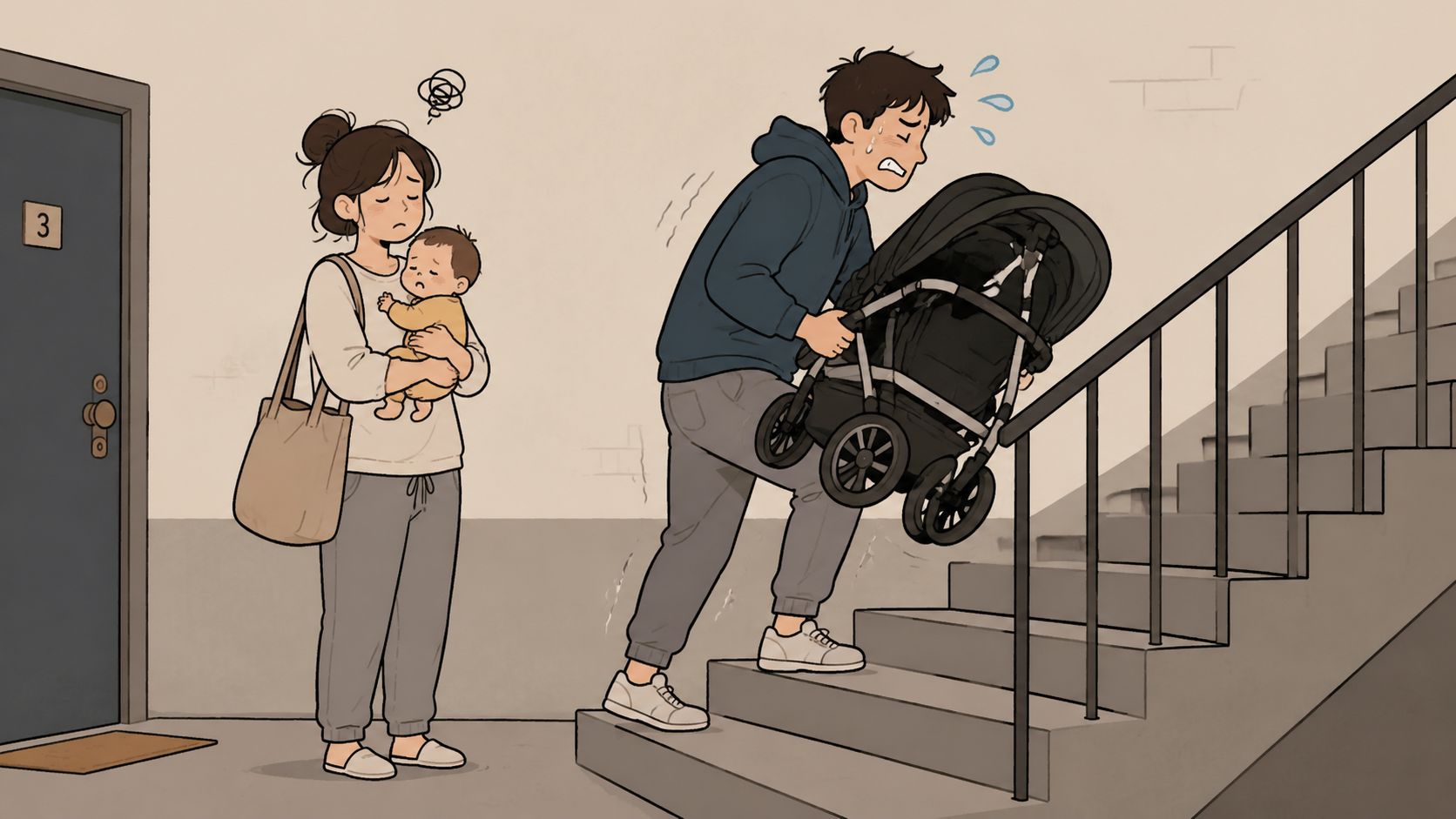 Un couple épuisé porte un bébé et une poussette lourde dans les escaliers d'un immeuble d'habitation.
