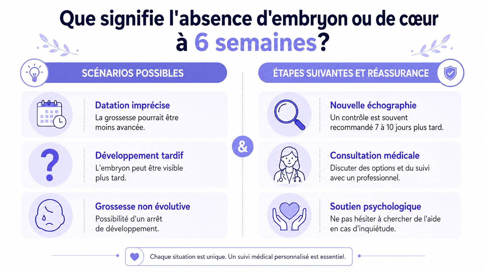 Infographie explicative sur l'absence d'embryon ou de battements cardiaques constatés lors d'une échographie à six semaines.