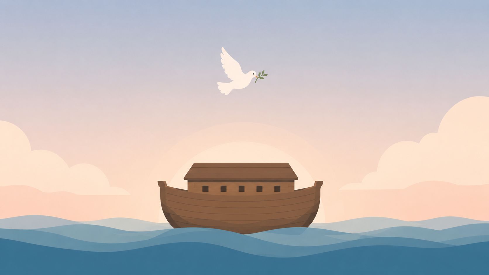 Une arche en bois naviguant sur une mer calme avec une colombe portant un rameau d'olivier au-dessus.