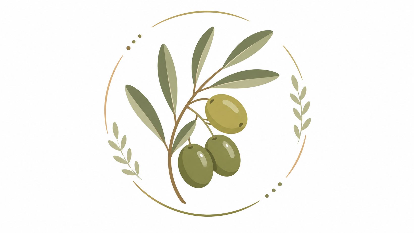 Une illustration élégante d'une branche d'olivier avec trois olives vertes entourée d'un cercle décoratif minimaliste.