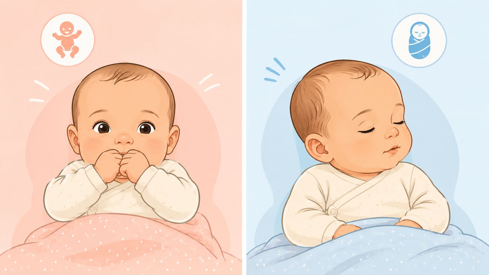 Illustration de deux bébés, l'un éveillé et l'autre endormi, illustrant les besoins de rythme pour bébé