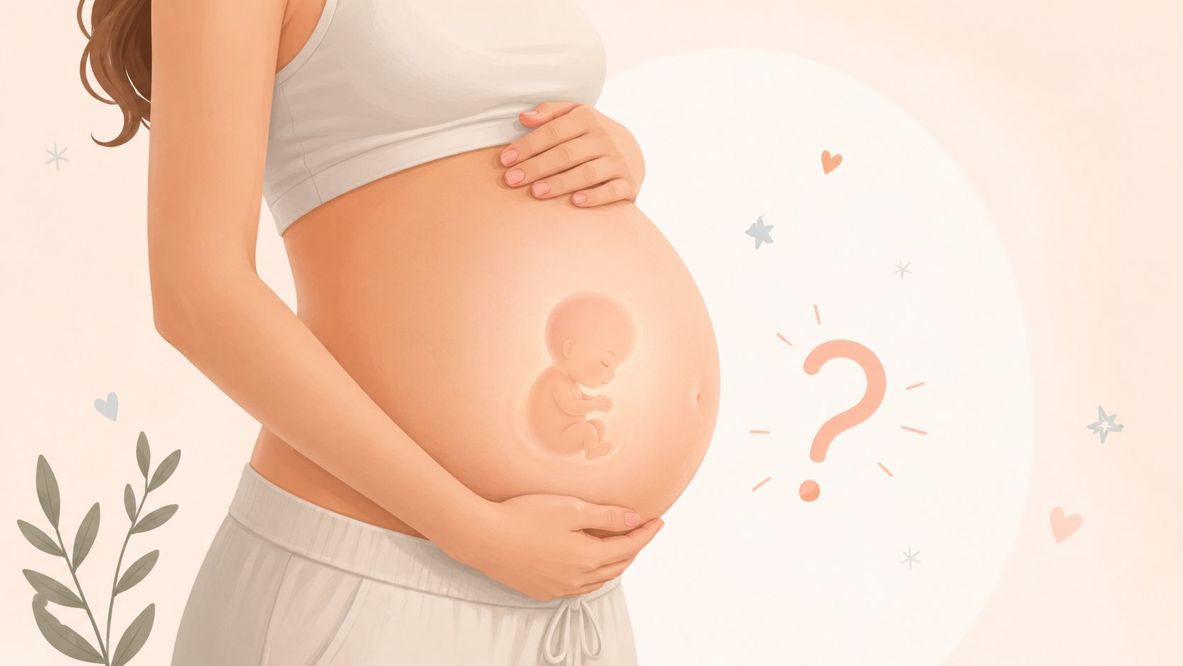 Une illustration d'une femme enceinte avec un fœtus visible dans son ventre et un point d'interrogation.