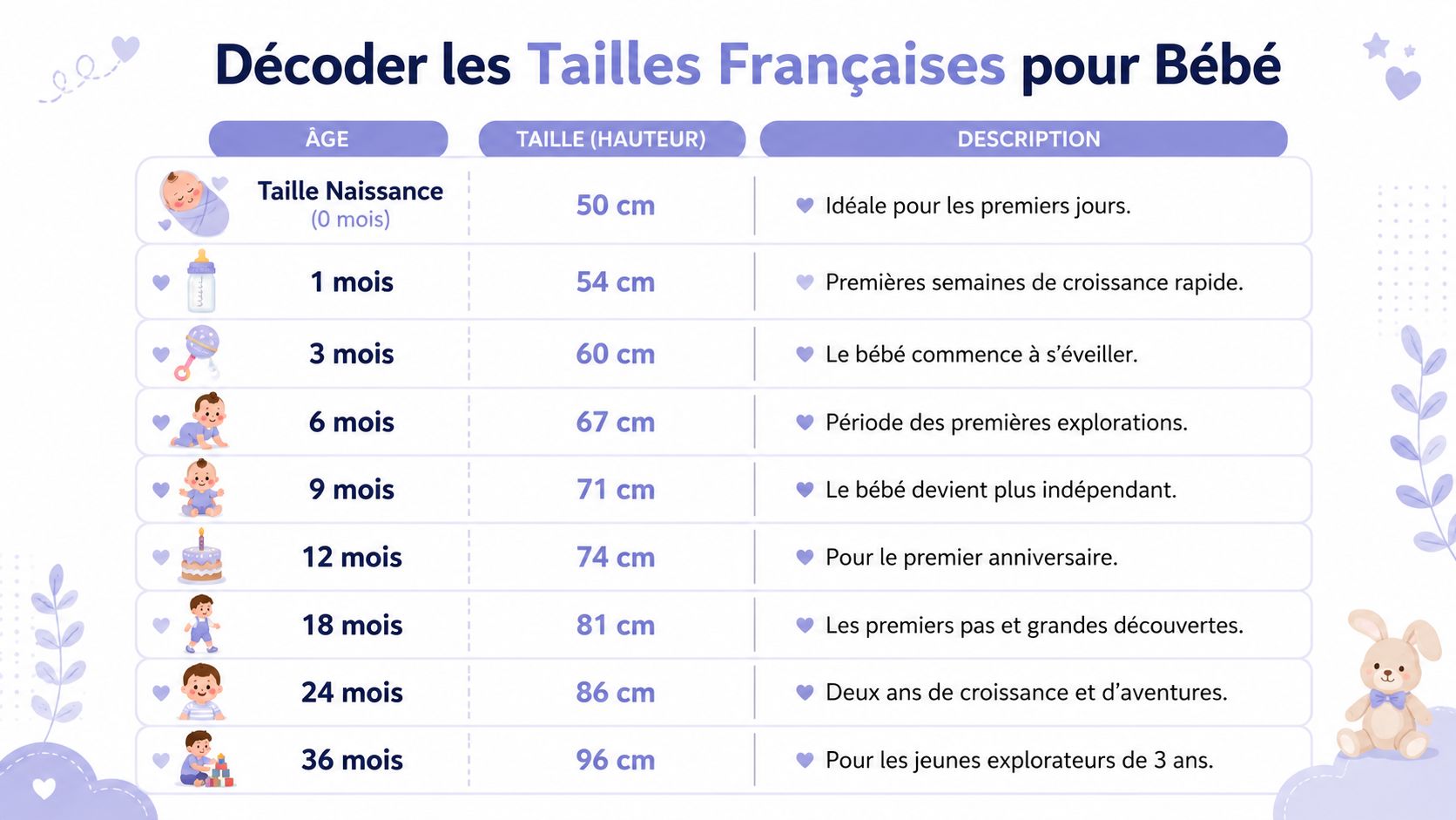 Tableau informatif en français expliquant les tailles de vêtements pour bébés selon l'âge et la hauteur.