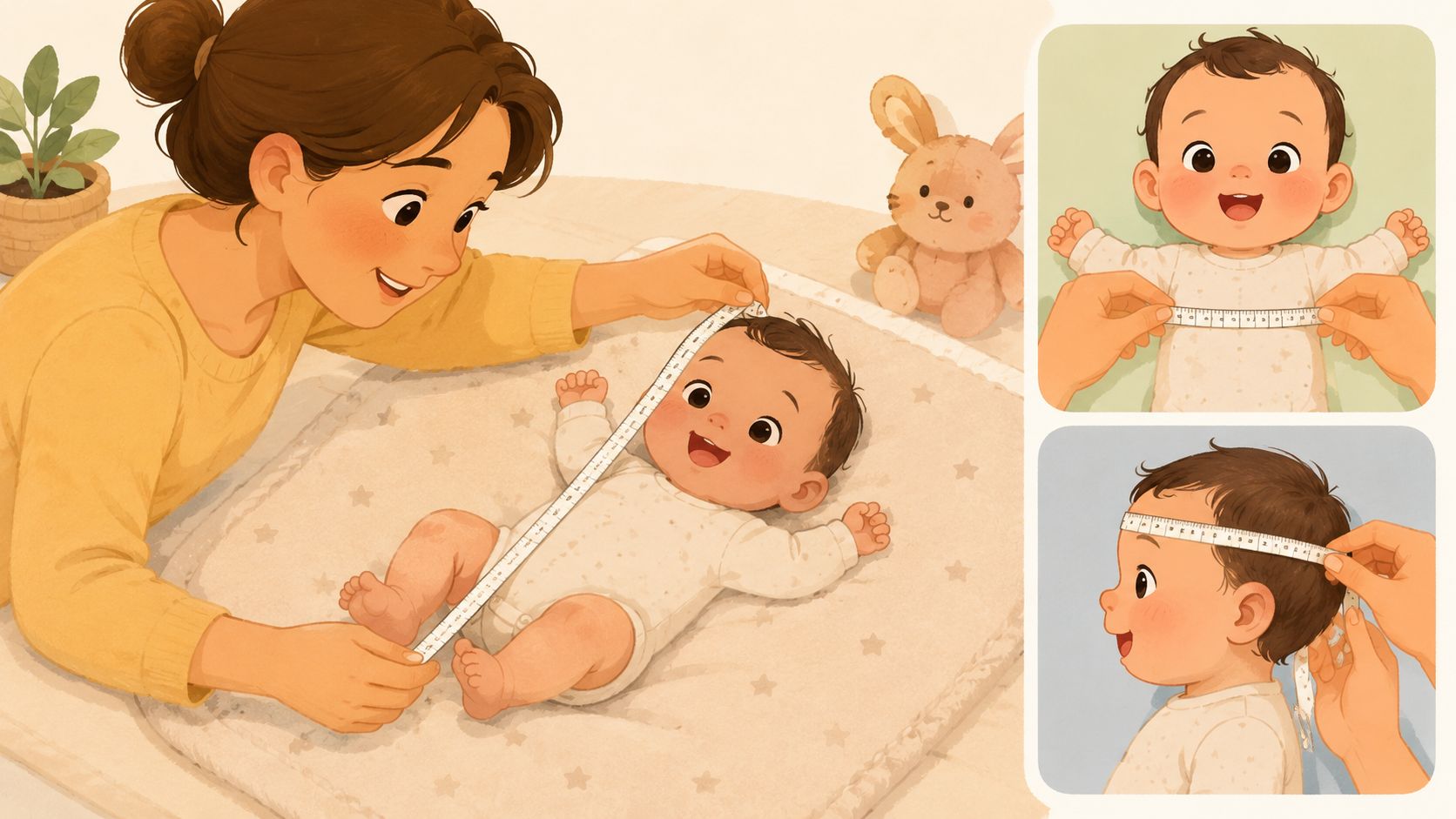 Une mère mesure la taille et le tour de tête de son bébé avec un ruban à mesurer.