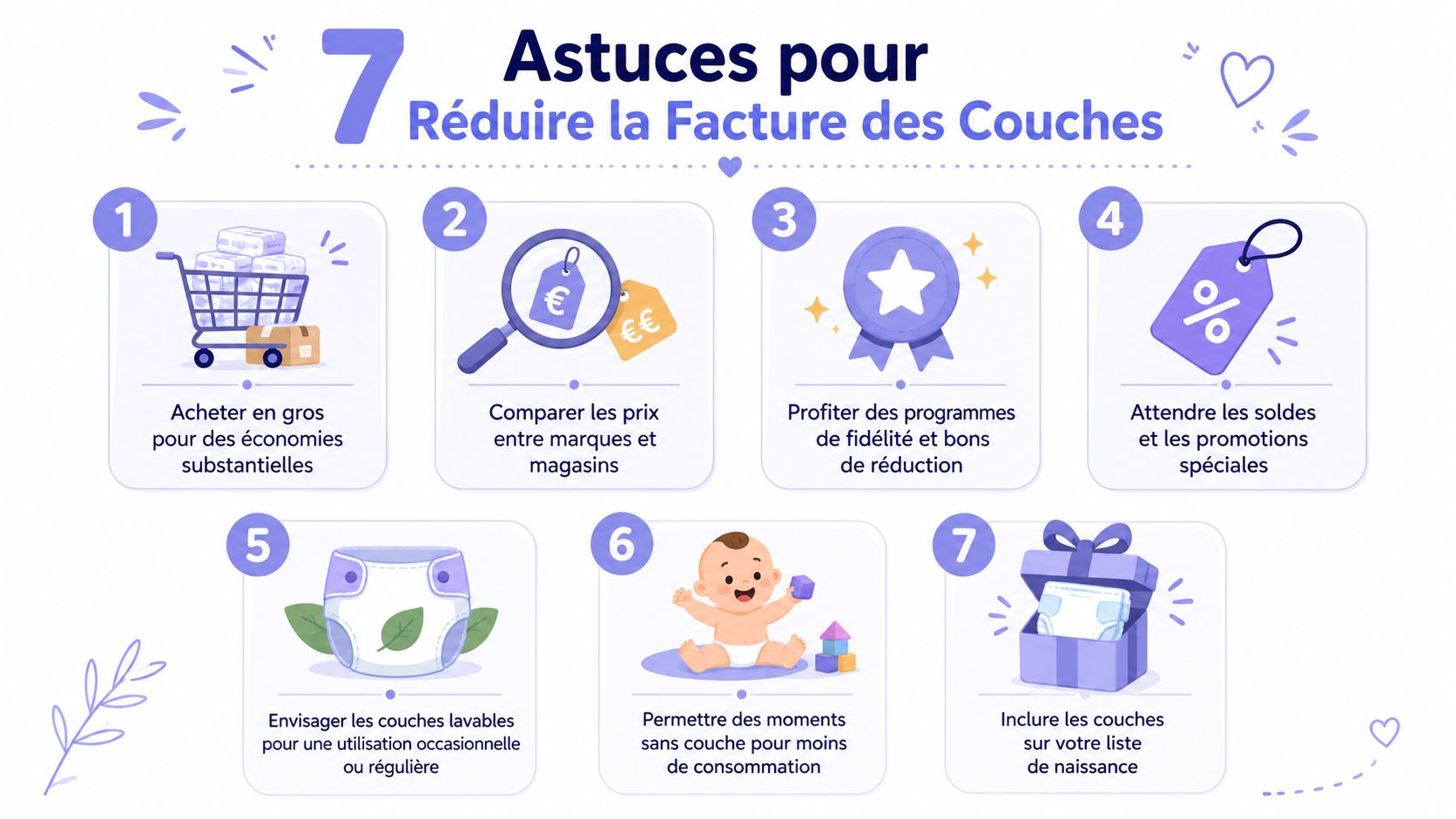 Une infographie présentant sept conseils pratiques pour réduire les dépenses liées à l'achat de couches pour bébé.