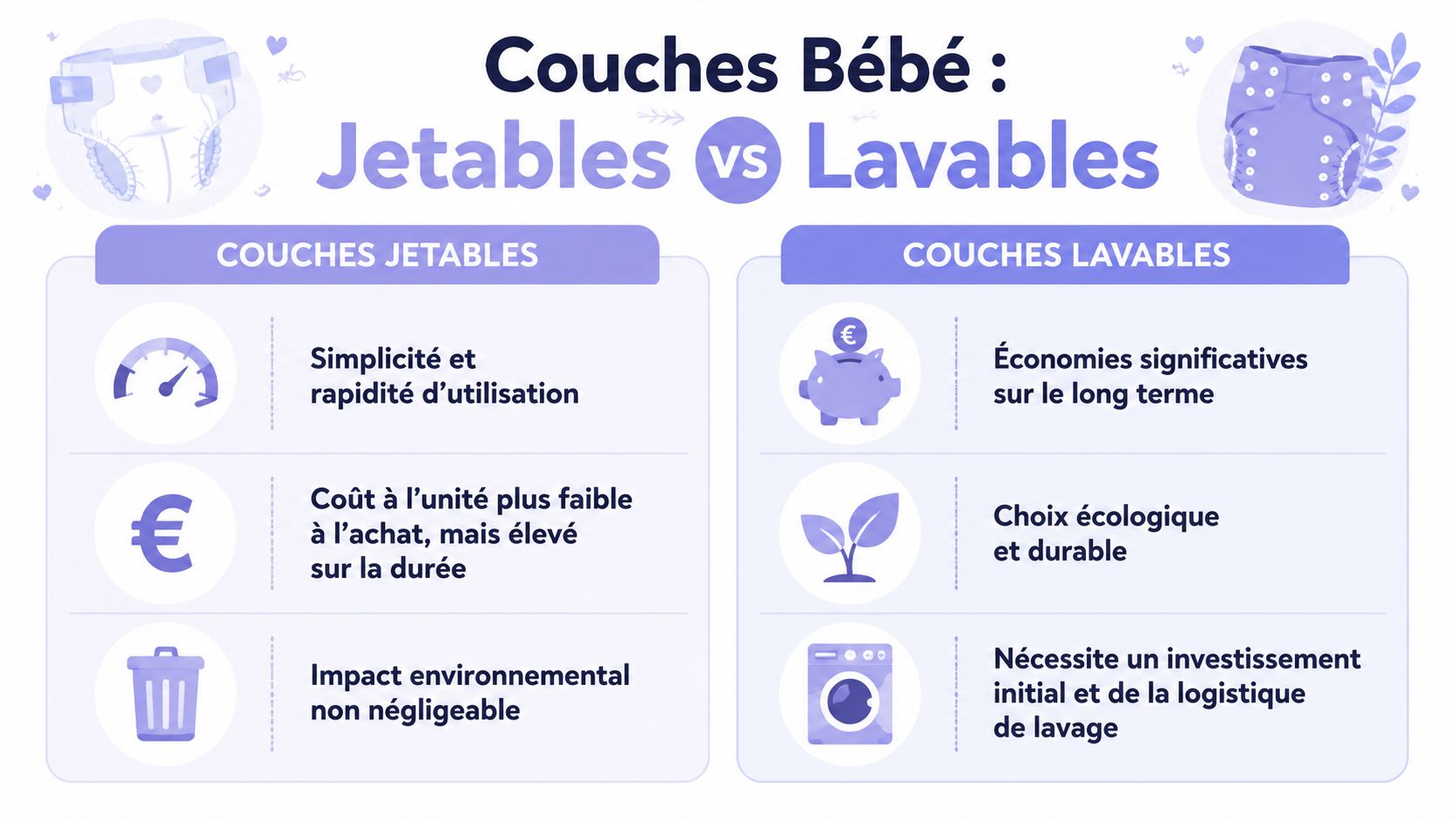 Infographie comparant les avantages et inconvénients des couches pour bébé jetables par rapport aux couches lavables réutilisables.
