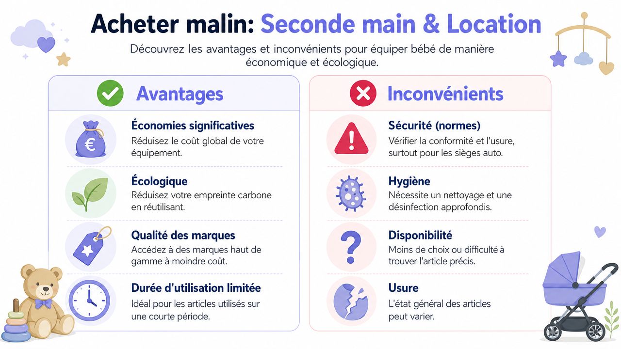 Infographie comparant les avantages et les inconvénients de l'achat de matériel de puériculture en seconde main.