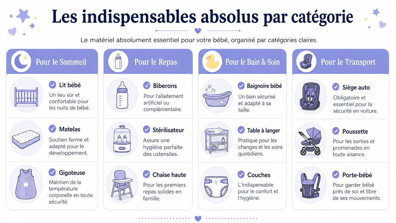 Une infographie organisant par catégorie le matériel essentiel pour les soins et le confort de bébé.