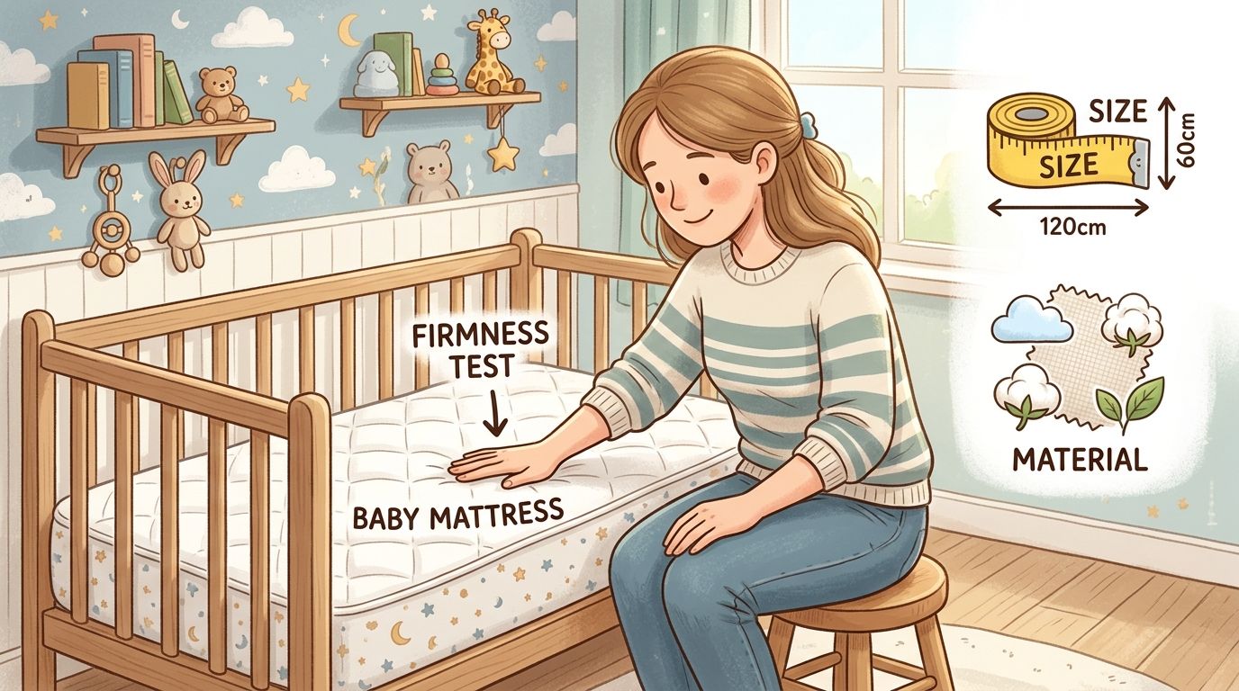 Une femme effectuant un test de fermeté sur un matelas pour bébé dans une chambre d'enfant décorée.
