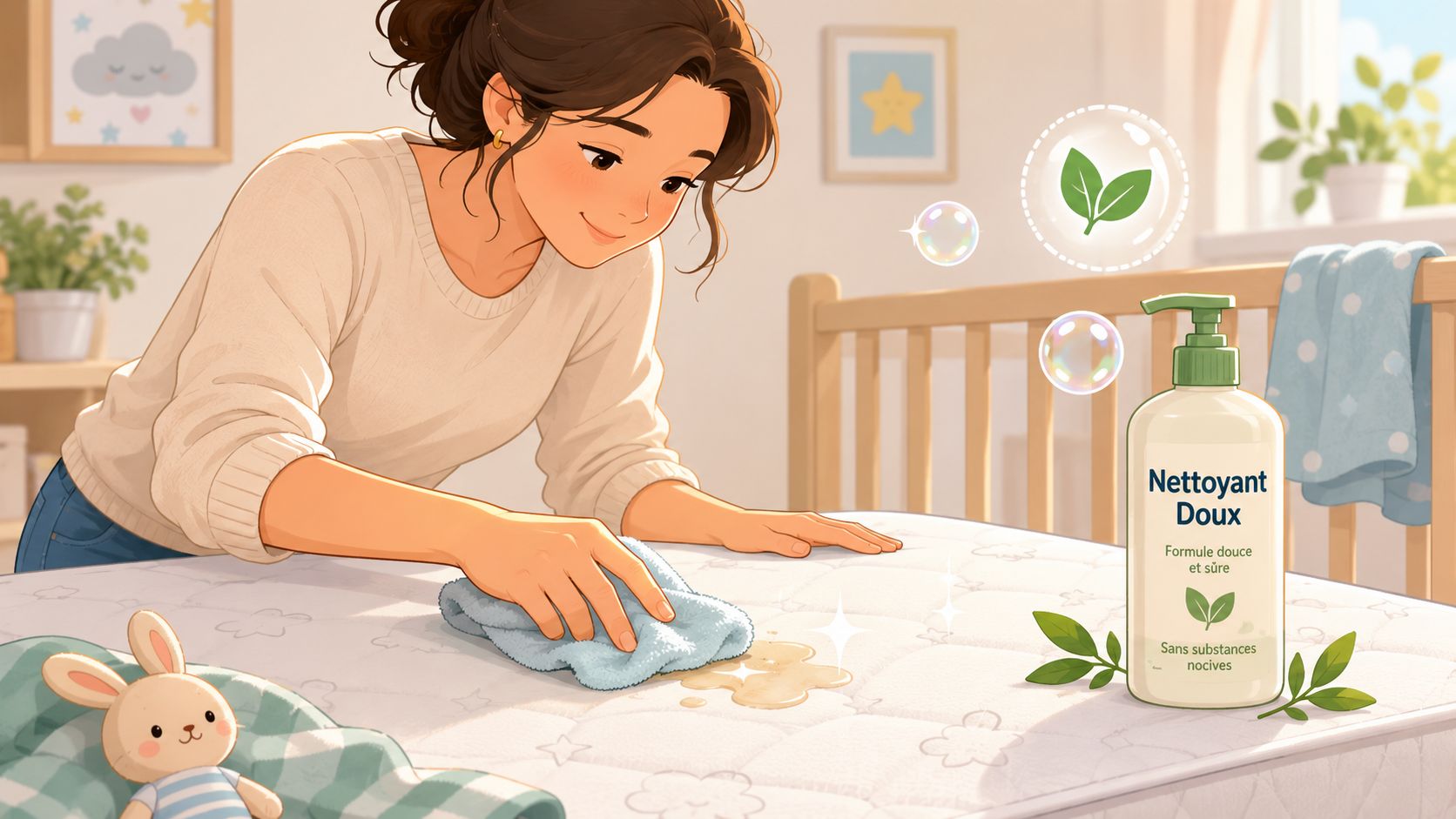 Une femme nettoie doucement un matelas de bébé avec un produit naturel et sécuritaire.