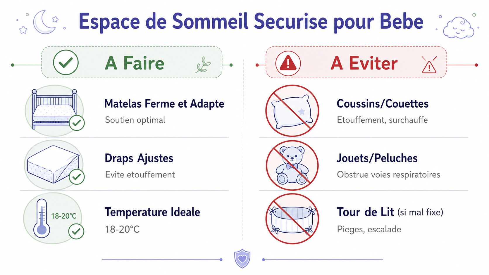 Infographie illustrant les règles de sécurité pour aménager un espace de sommeil sûr pour les bébés.