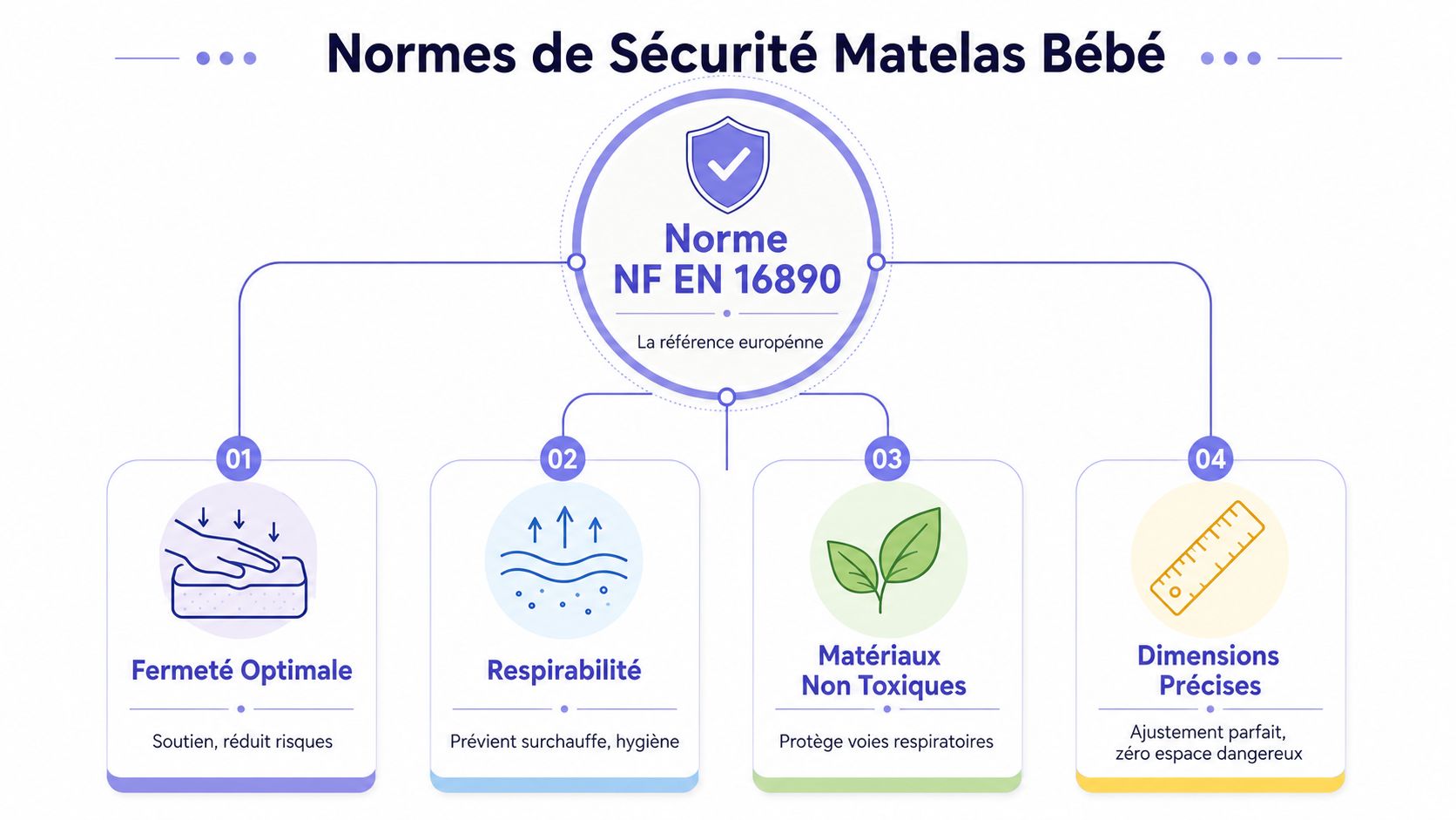 Infographie détaillant la norme de sécurité NF EN 16890 pour les matelas de bébé en France.