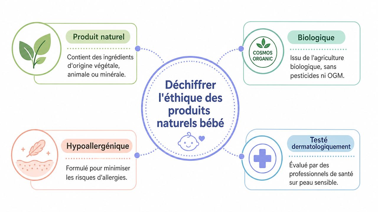 Infographie illustrant les termes clés pour mieux comprendre l'éthique des produits naturels destinés aux bébés.