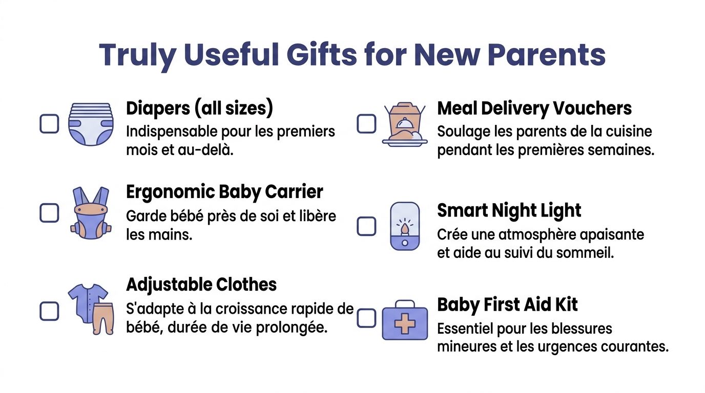 Une liste de suggestions de cadeaux vraiment utiles pour les nouveaux parents, incluant des articles essentiels pour bébé.