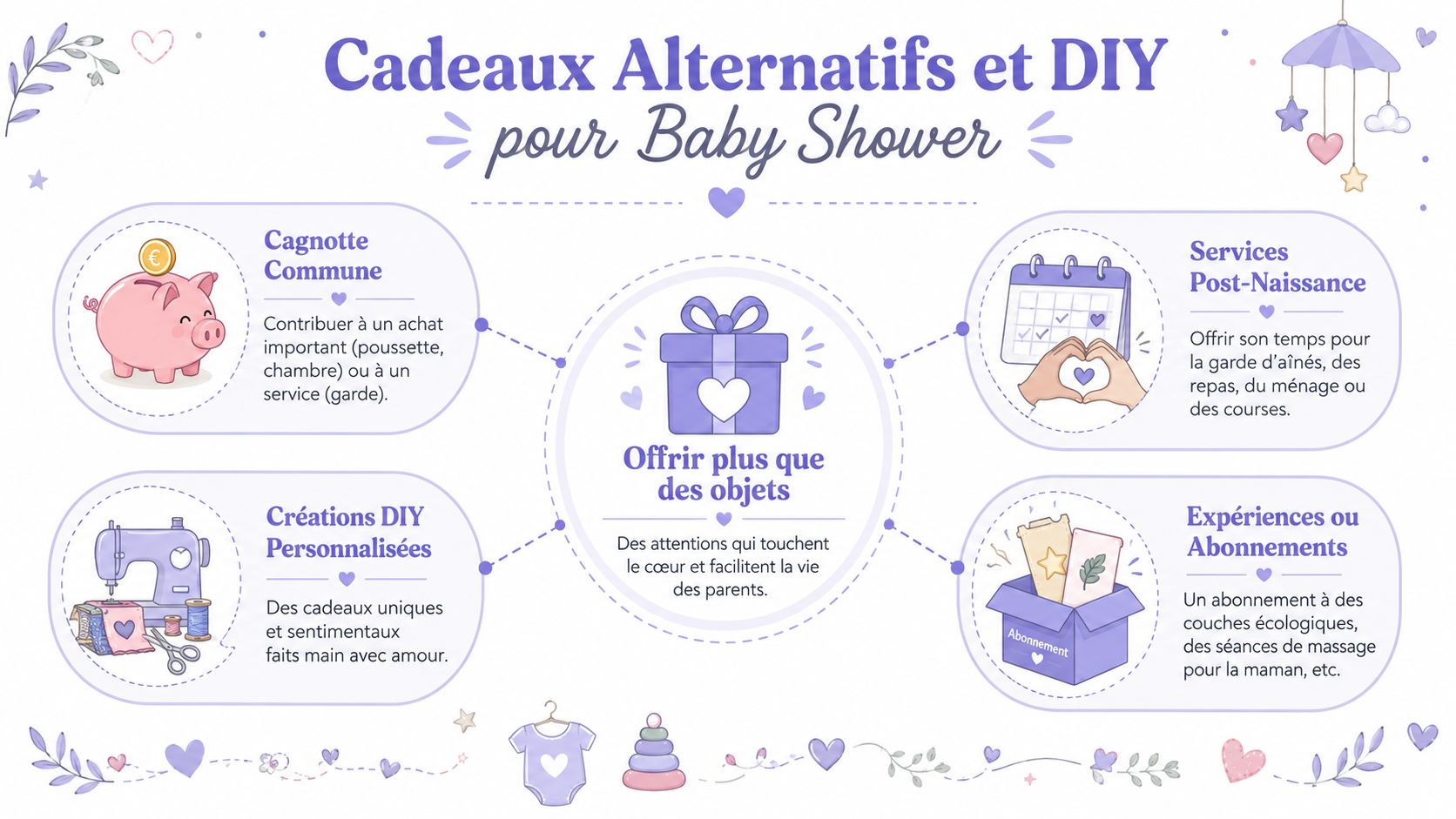 Une infographie sur des idées de cadeaux alternatifs et faits main pour une fête de naissance.