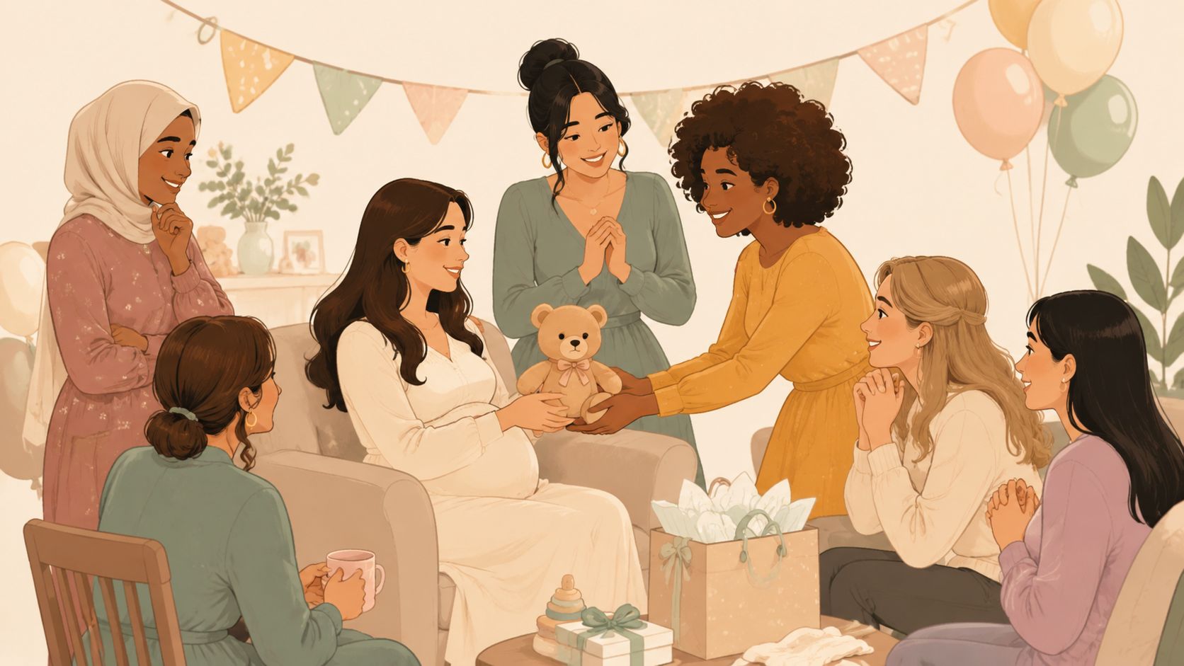 Groupe d'amies célébrant une baby shower avec une femme enceinte recevant un ours en peluche comme cadeau.