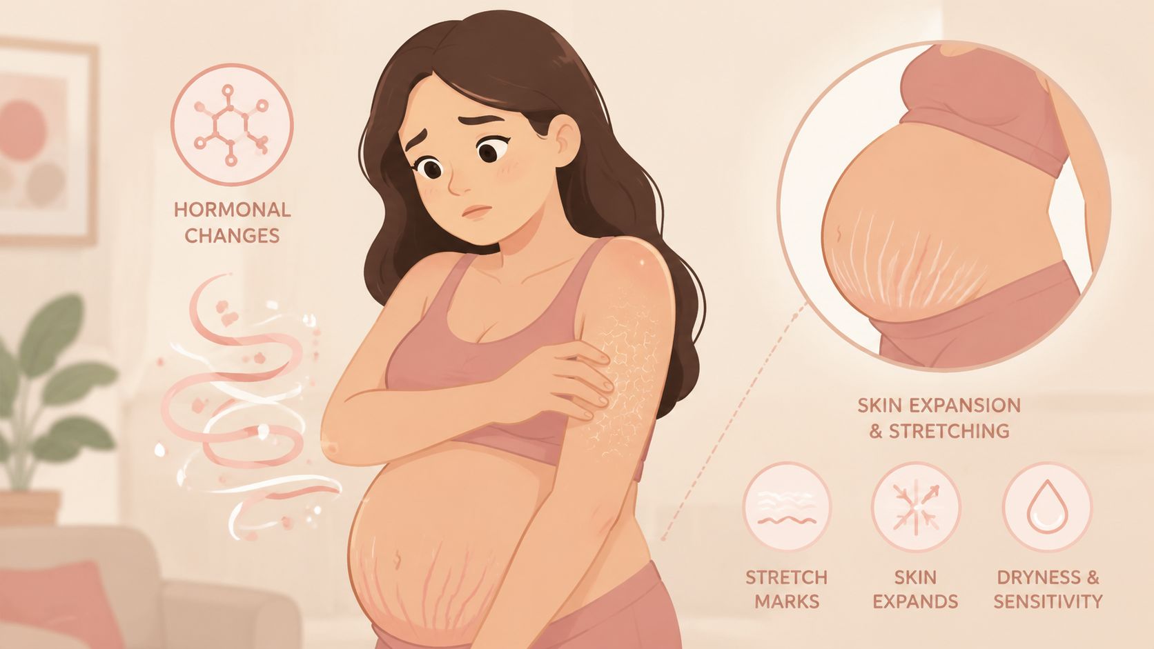 Une femme enceinte montrant des signes de sécheresse cutanée, de vergetures et de changements hormonaux sur son corps.