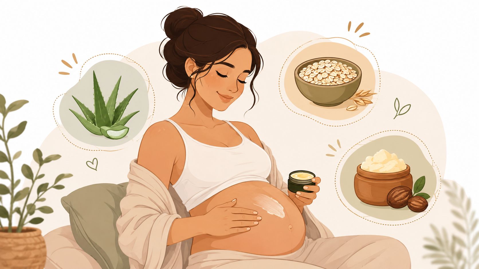 Une femme enceinte applique une crème hydratante sur son ventre avec des ingrédients naturels comme l'aloé vera et l'avoine.