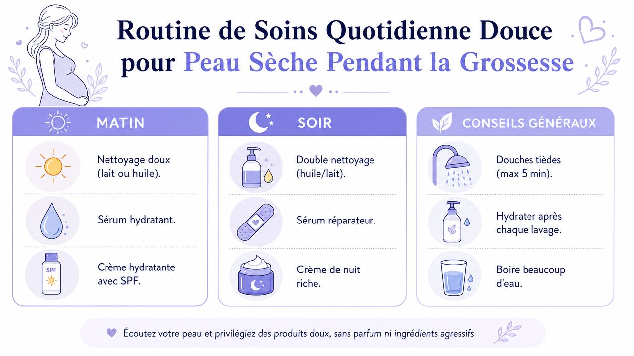 Routine de soins quotidienne douce pour hydrater la peau sèche pendant la grossesse avec des conseils utiles.