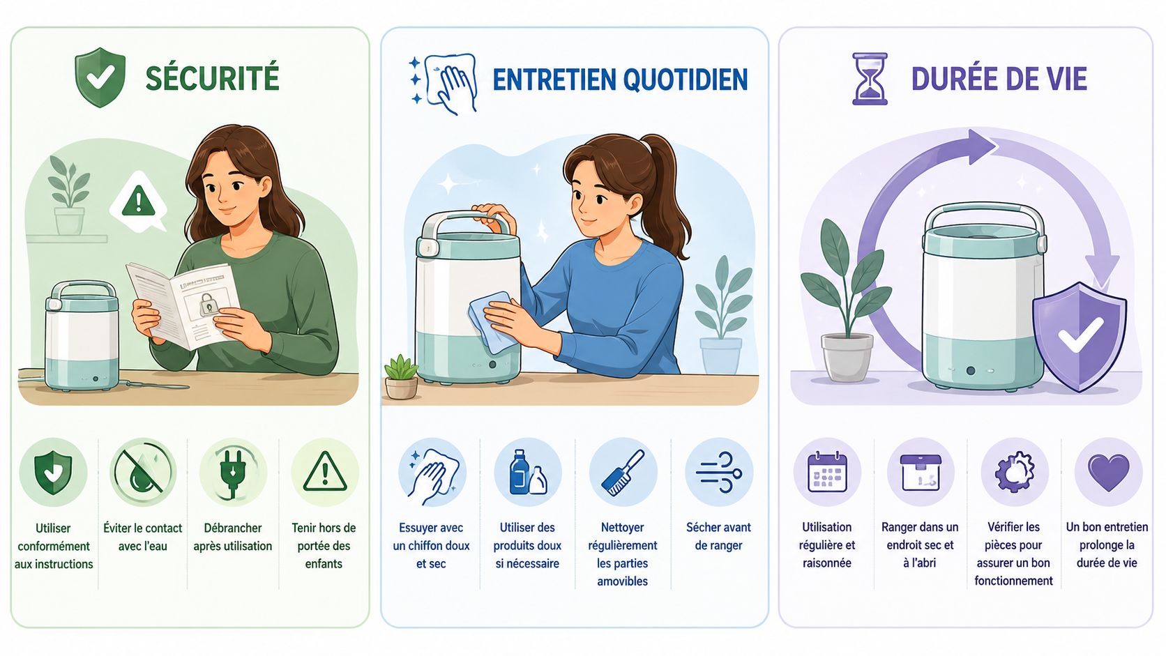 Une infographie montrant les consignes de sécurité, d'entretien et de durée de vie pour un stérilisateur de biberons.