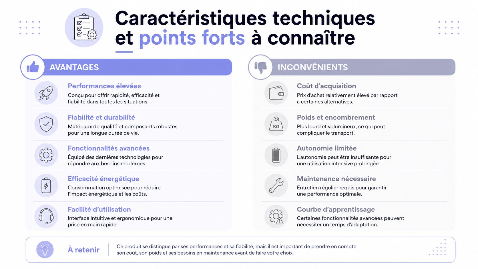Tableau comparatif des avantages et inconvénients techniques d'un produit moderne pour faciliter une décision d'achat éclairée.