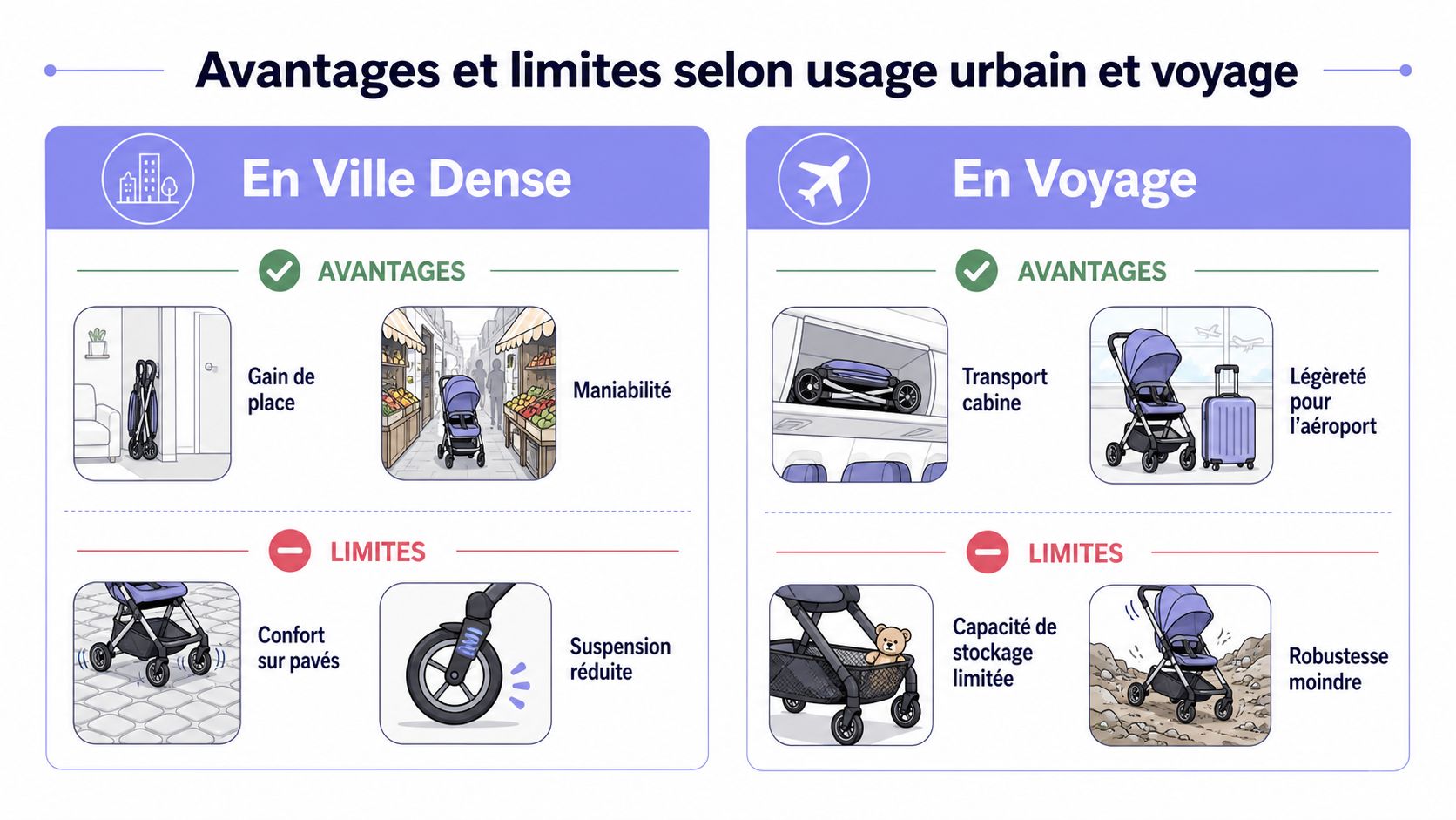 Tableau comparatif des avantages et limites d'une poussette compacte pour la ville dense et les voyages.