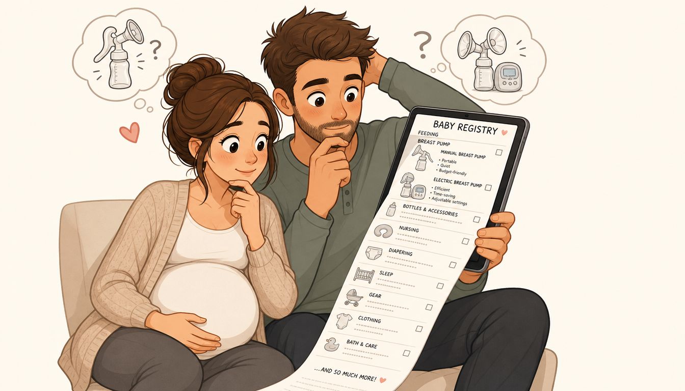 Un couple de futurs parents examine une liste de naissance avec des tire-laits manuels et électriques.