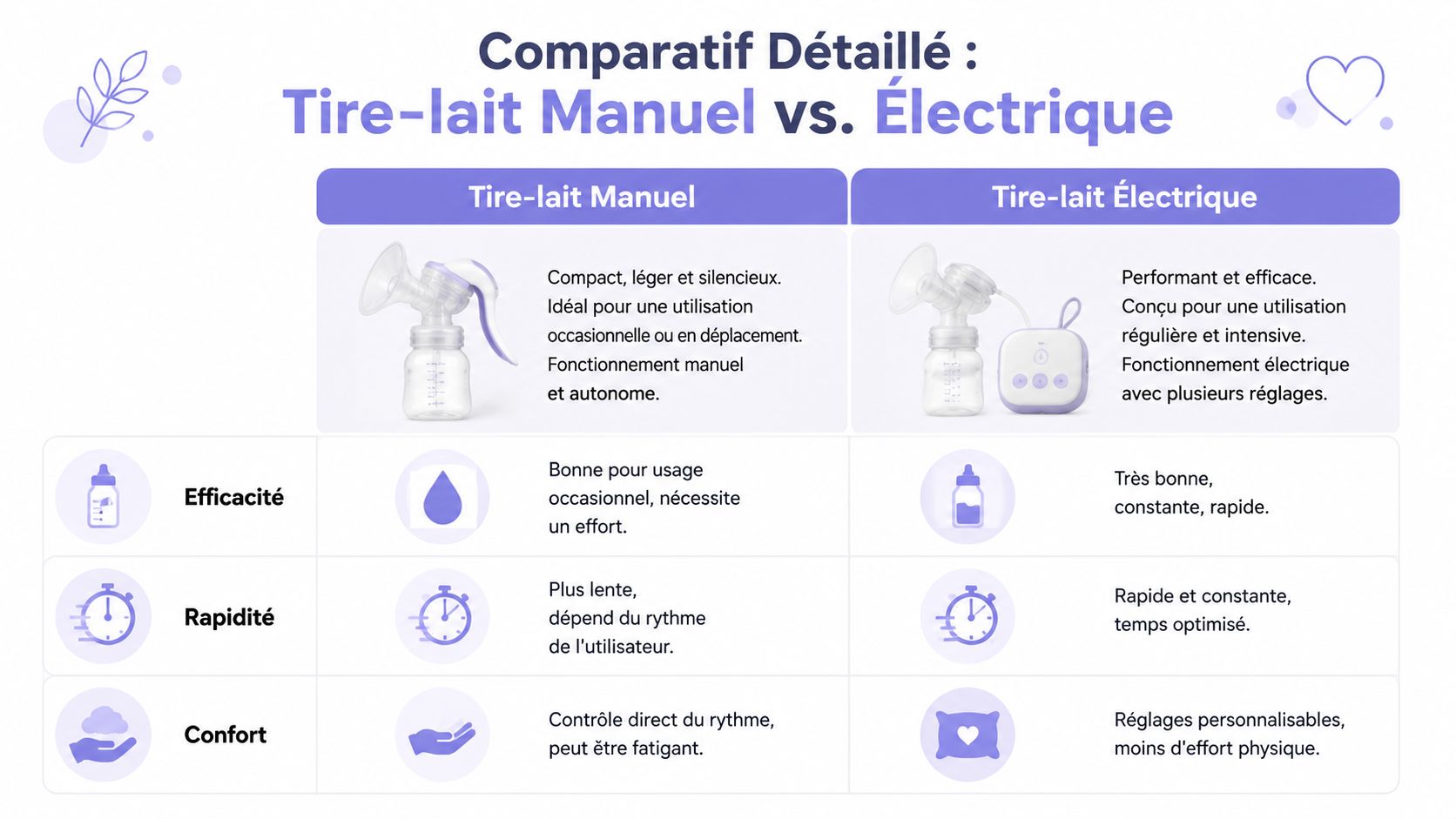 Tableau comparatif détaillé entre un tire-lait manuel et un tire-lait électrique pour les jeunes mamans.