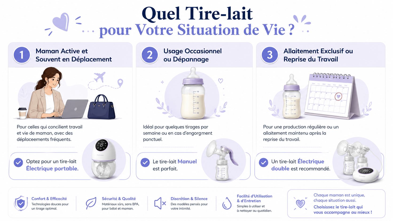 Infographie illustrant comment choisir un tire-lait manuel ou électrique selon les besoins et le mode de vie.