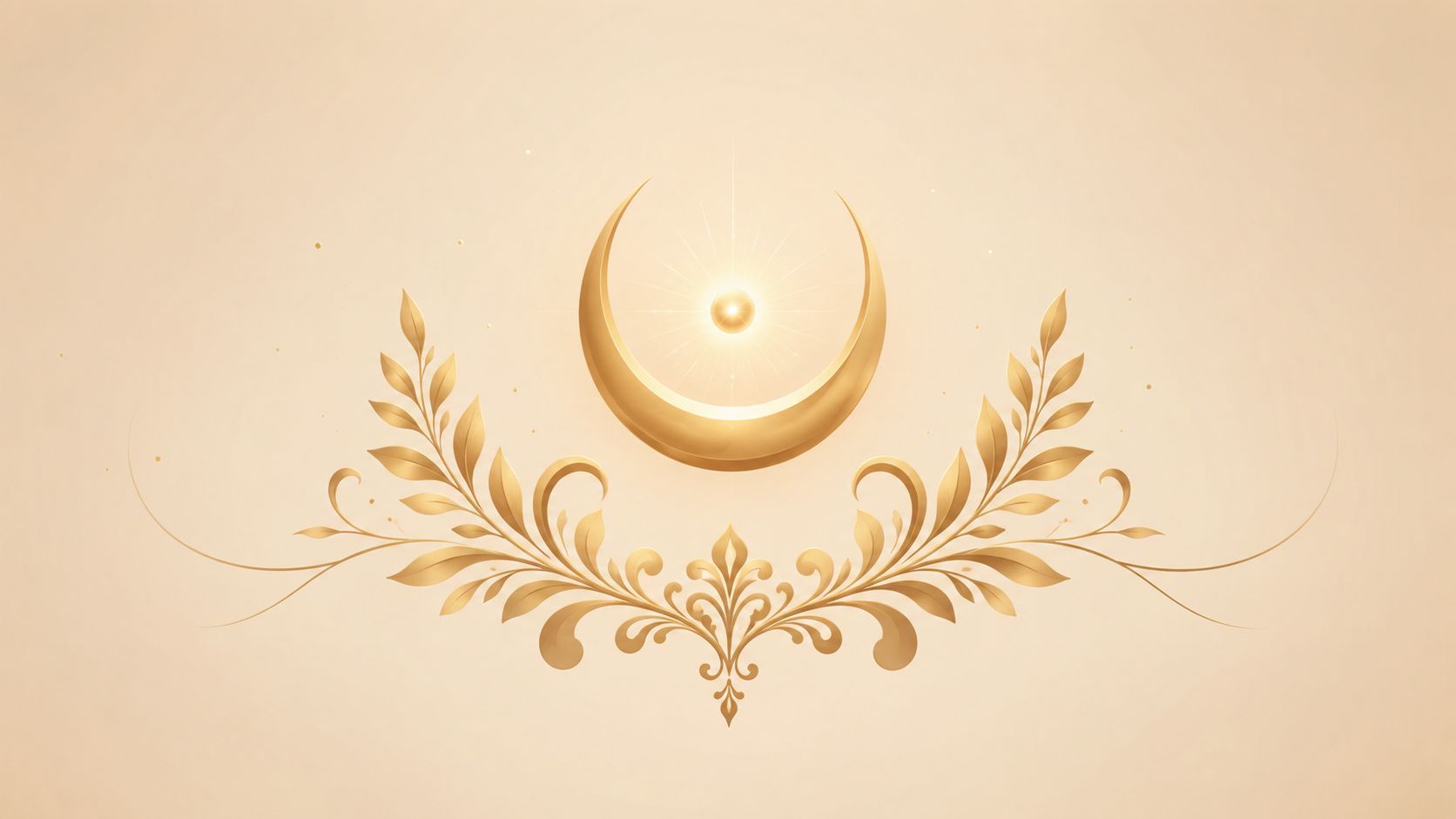 Symbole de croissant de lune doré élégant avec des ornements floraux délicats sur fond beige doux