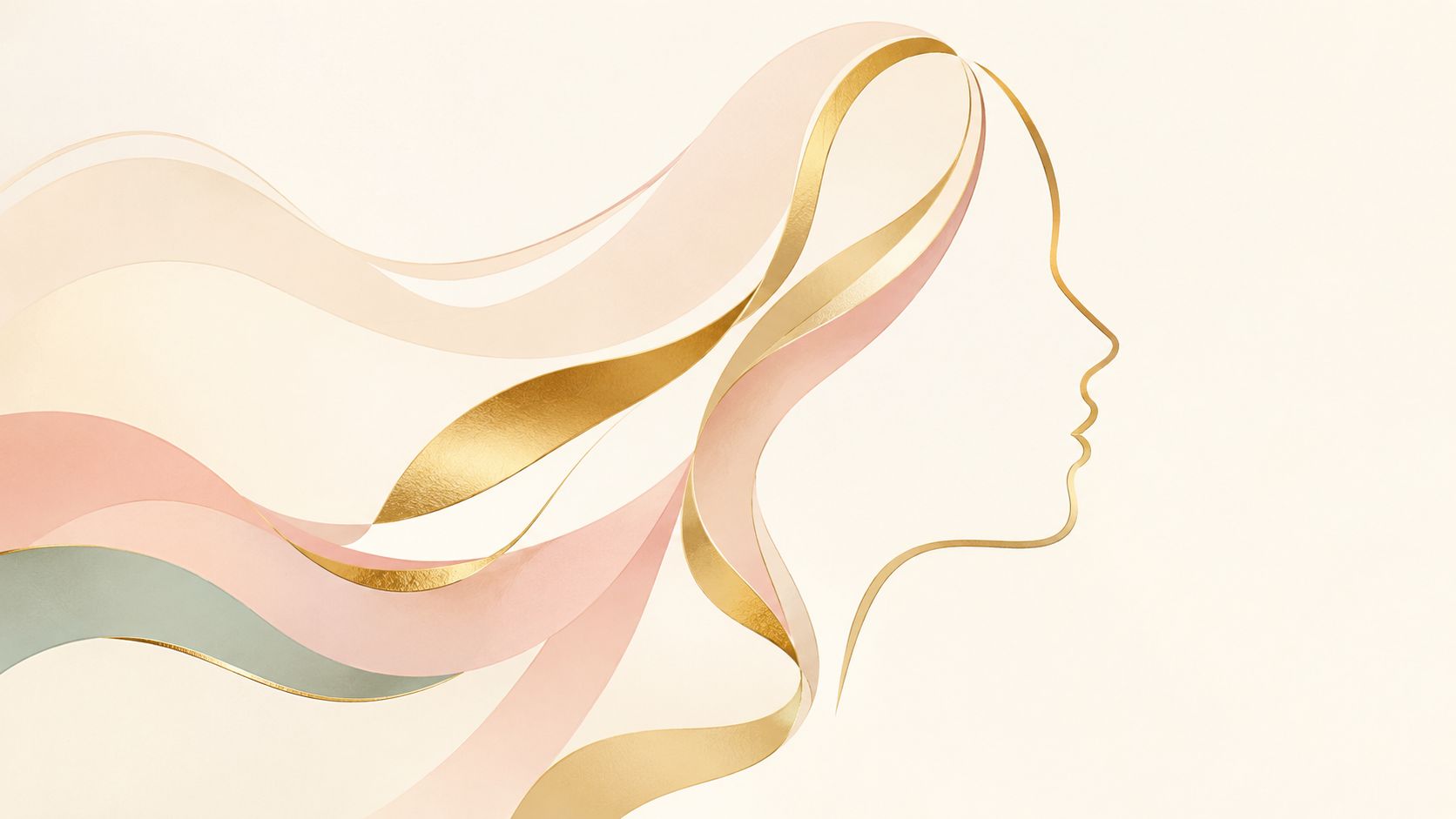 Profil de femme stylisé avec des vagues fluides dorées et des nuances pastel sur fond beige doux.