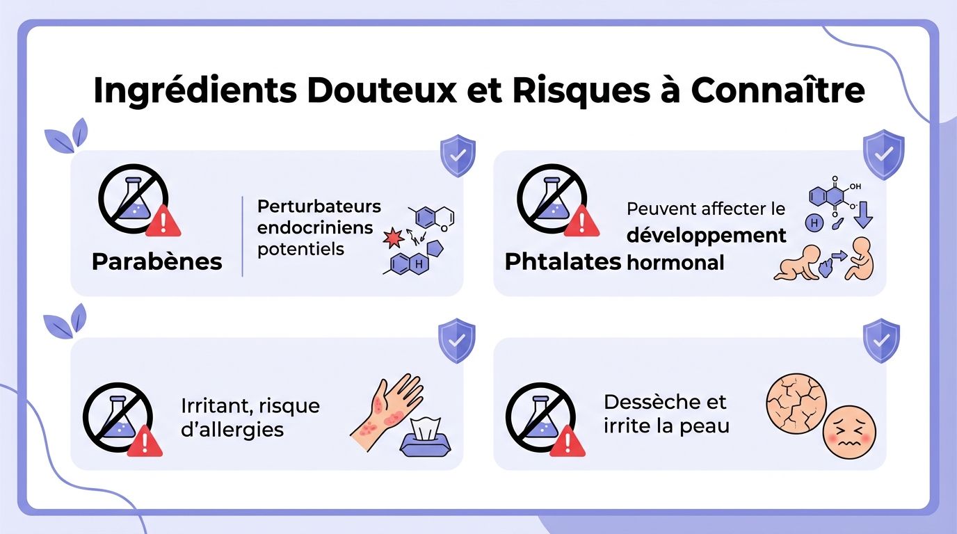 Infographie illustrant les risques des ingrédients chimiques comme les parabènes et phtalates pour la peau sensible.