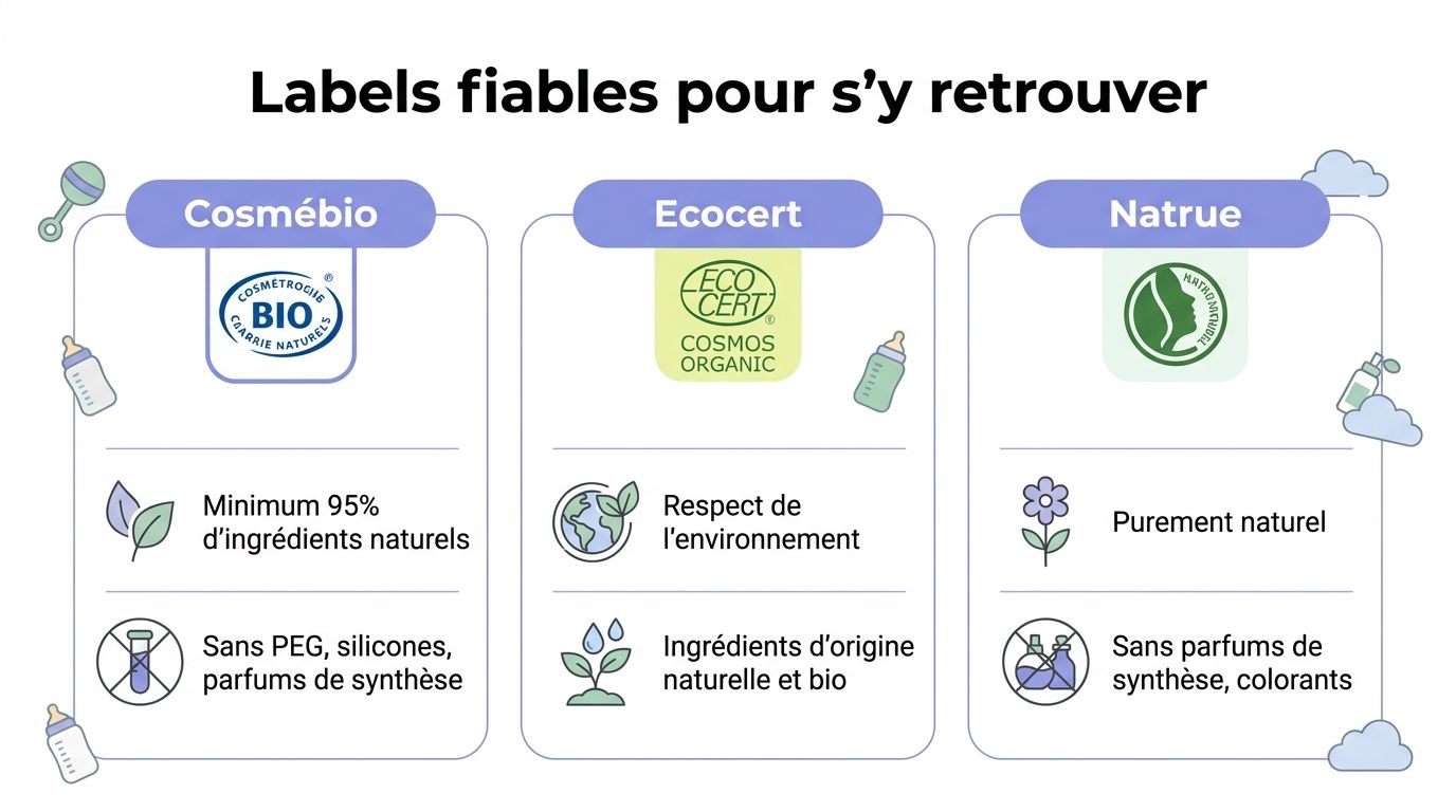 Tableau comparatif des labels fiables pour les produits cosmétiques naturels destinés aux bébés et enfants.