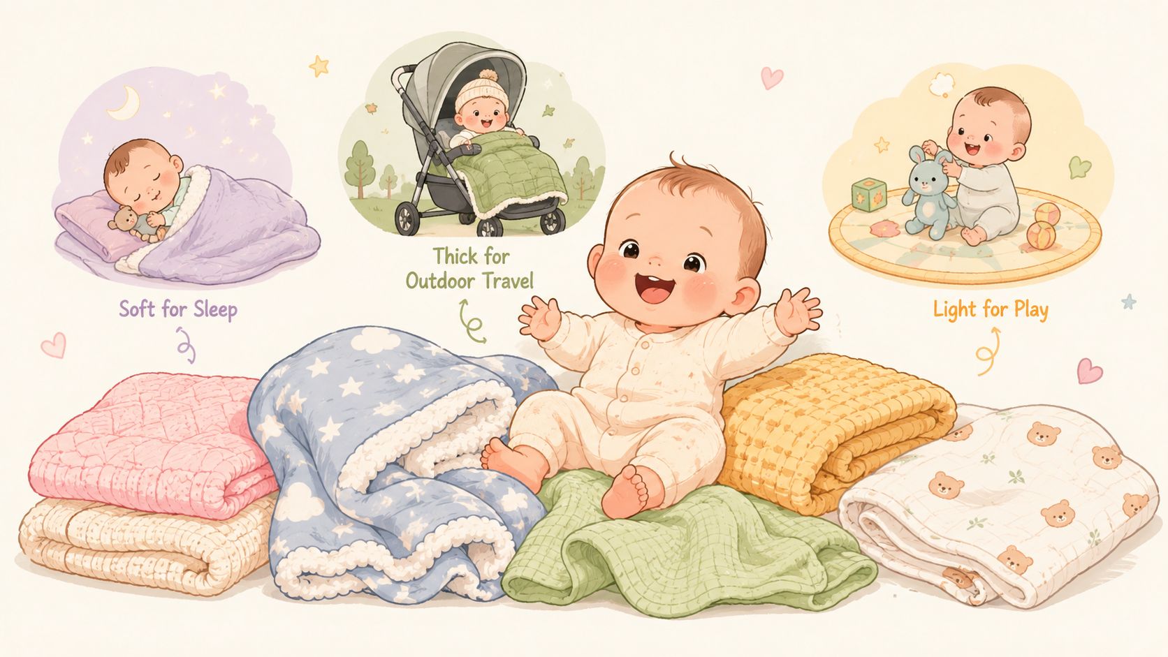 Bébé assis avec divers modèles de couvertures douces pour le sommeil, le jeu et les voyages extérieurs.