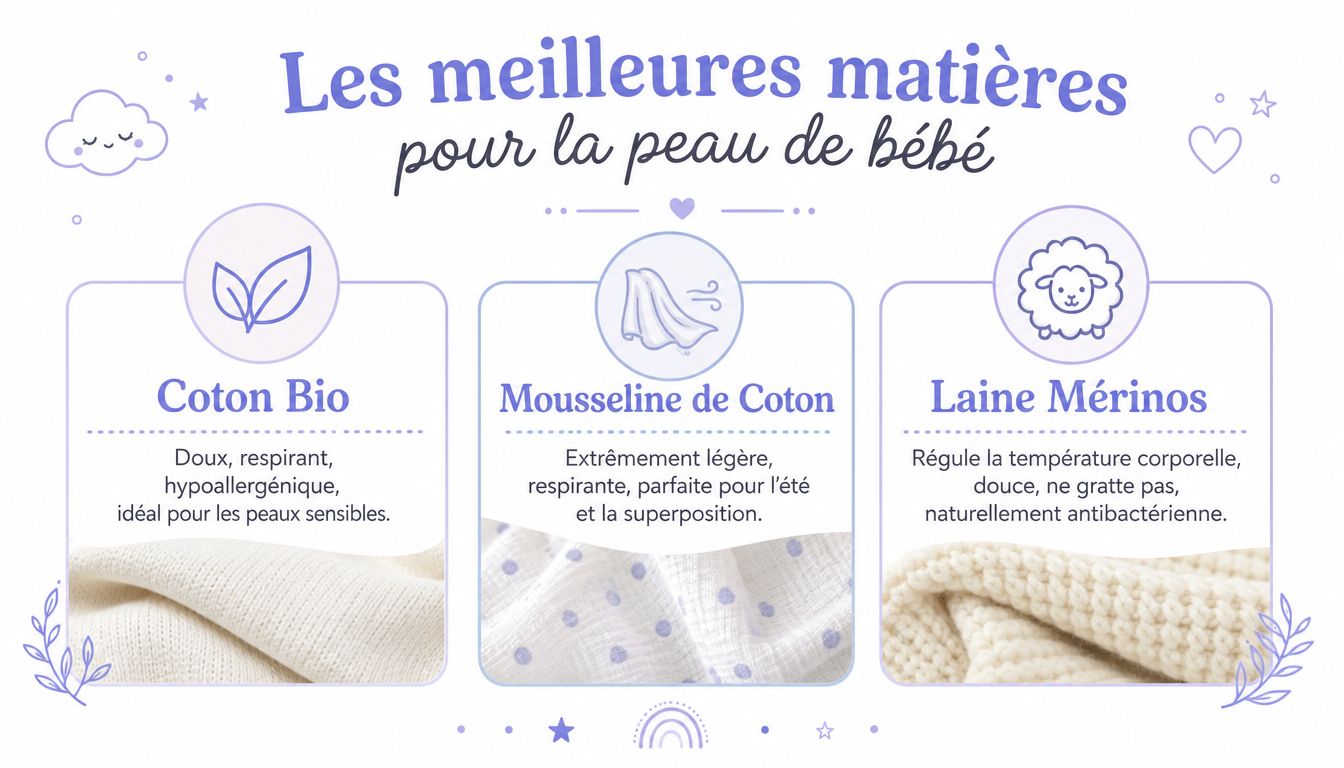 Infographie présentant les trois meilleures matières textiles pour la peau délicate des bébés : coton bio, mousseline et laine.