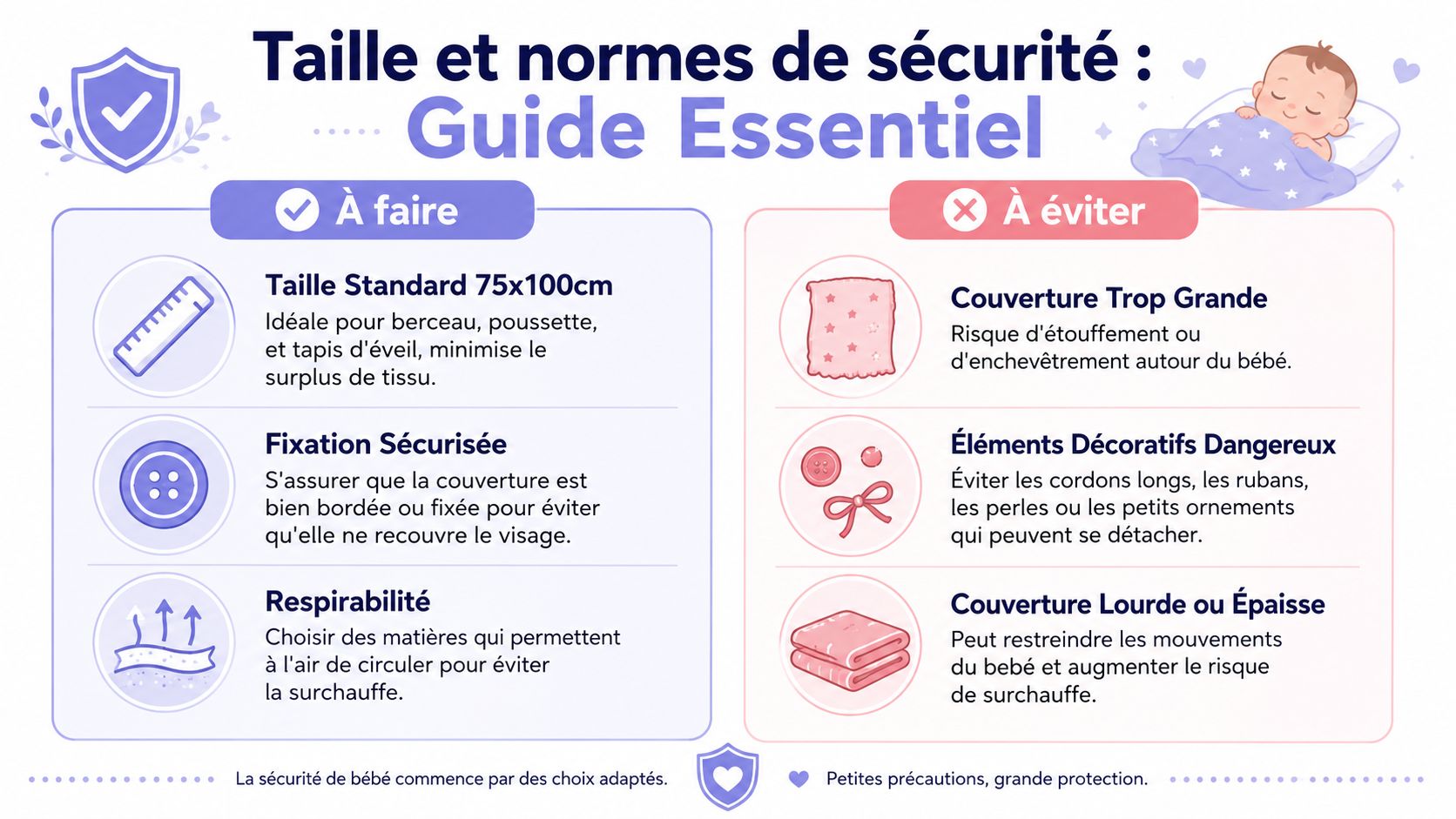 Guide illustré des tailles et normes de sécurité pour choisir une couverture de bébé en toute sécurité.