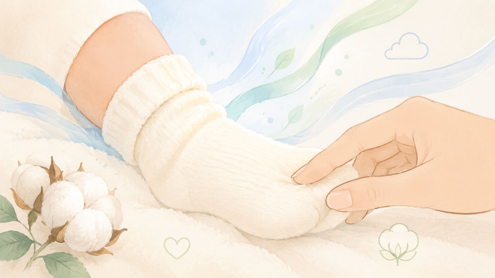 Une main d'adulte touche délicatement le petit pied d'un bébé portant une chaussette douce en coton blanc.