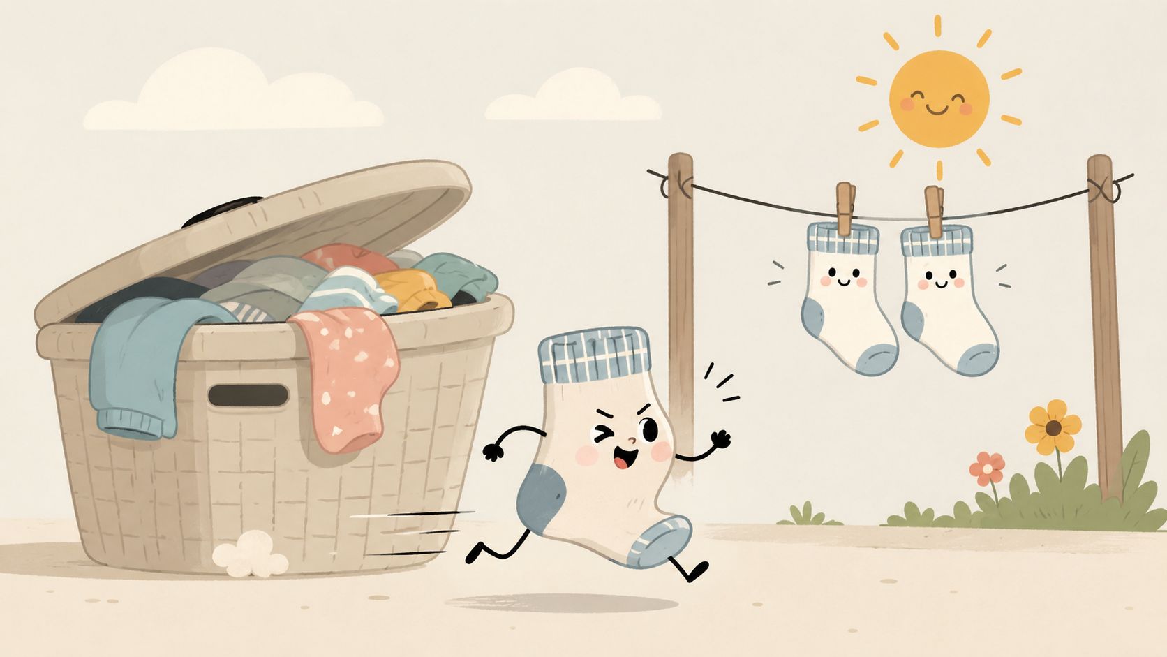 Une chaussette animée s'échappe d'un panier à linge pour rejoindre ses amies suspendues à une corde.