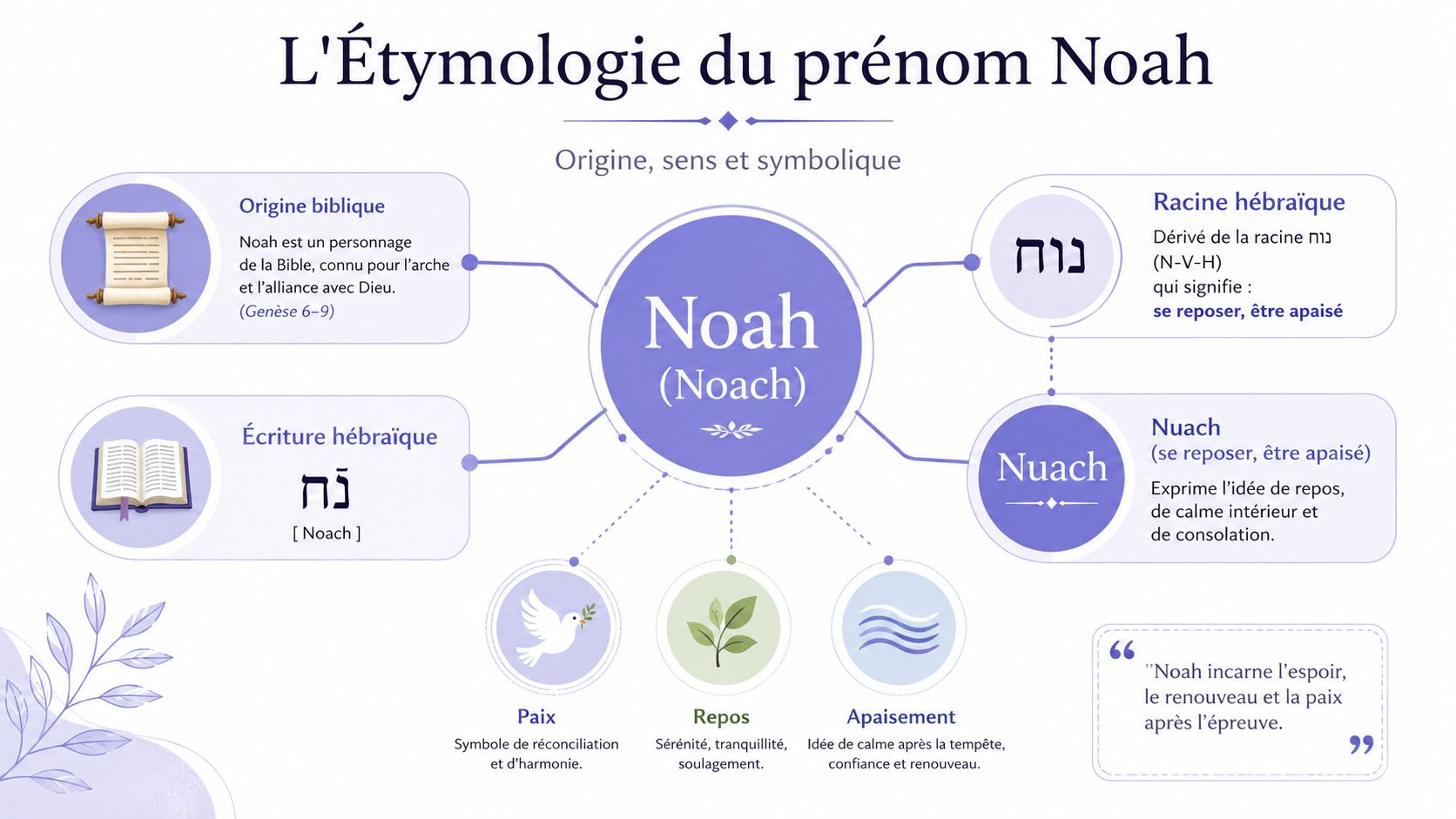 Infographie illustrant l'étymologie, les origines bibliques et la symbolique du prénom Noah en français.