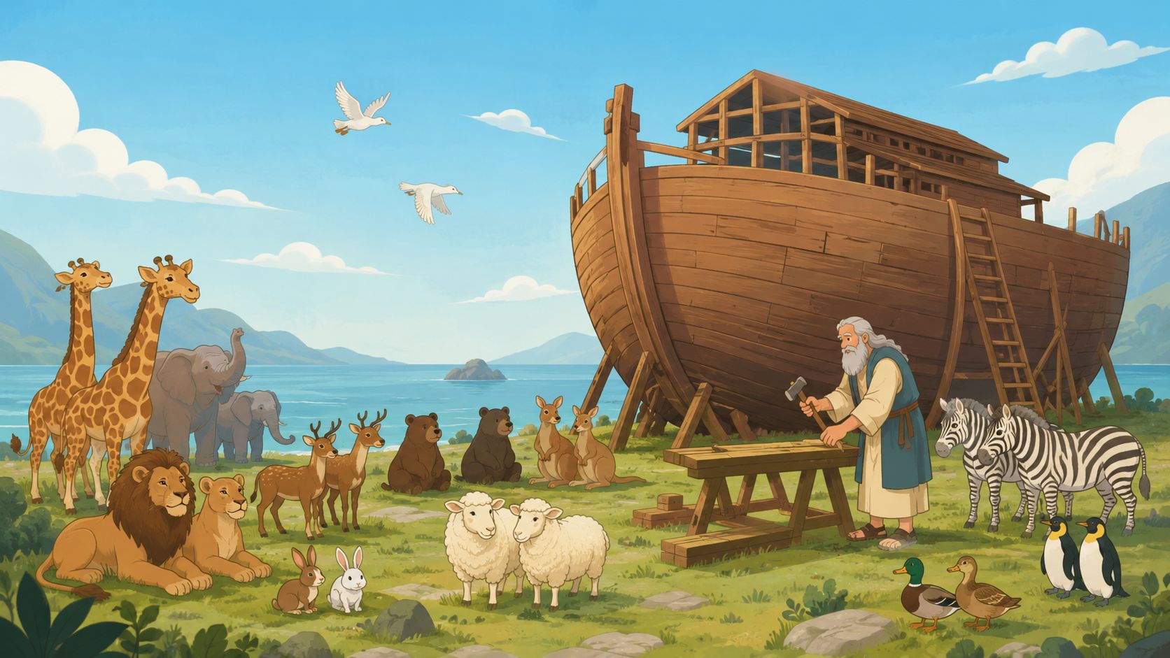 Une illustration colorée de Noé construisant son arche en bois entouré de nombreux animaux sauvages et domestiques.