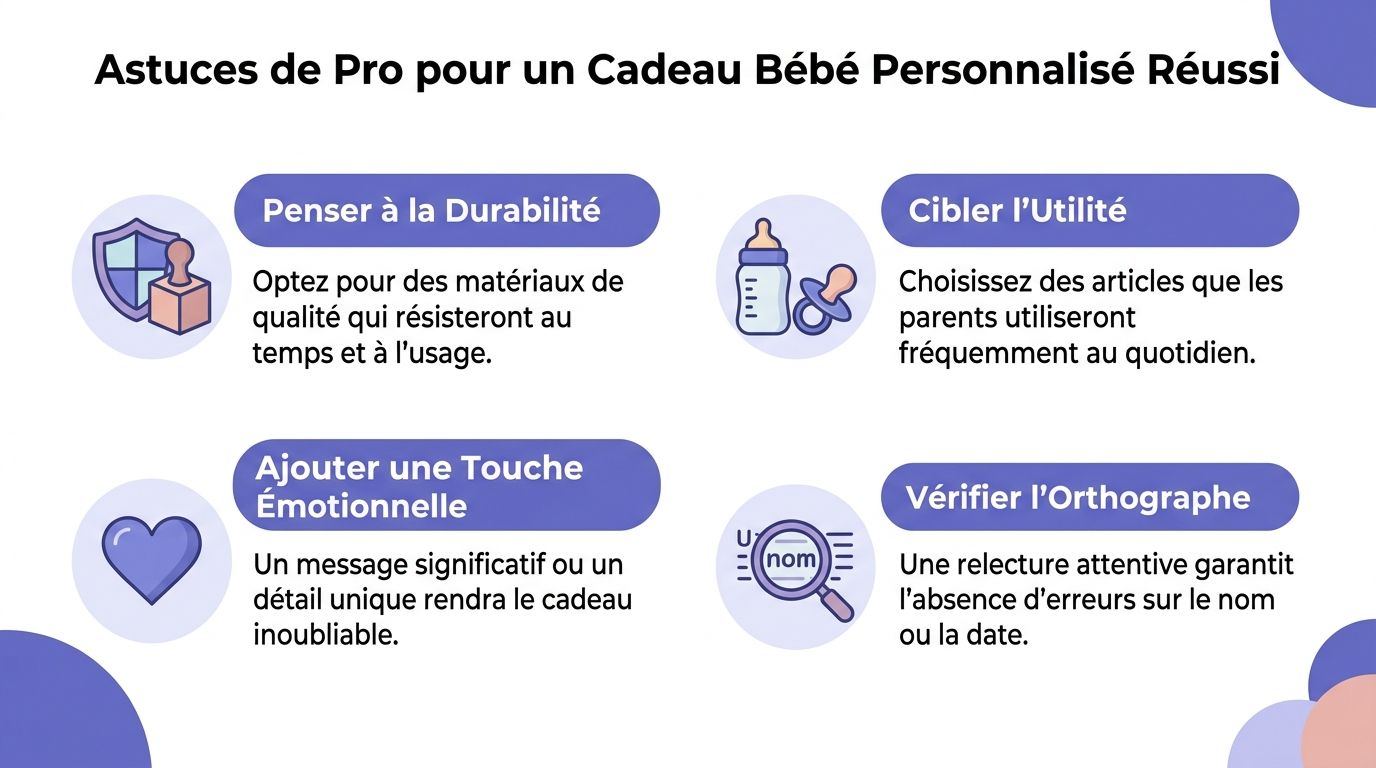Conseils professionnels pour choisir et personnaliser un cadeau de naissance durable, utile, émotionnel et sans erreur orthographique.