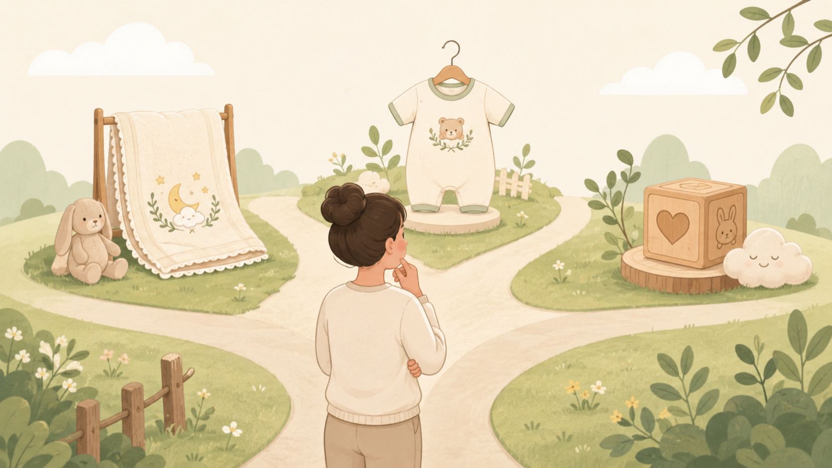 Une femme debout devant un carrefour dans un paysage illustré, choisissant des cadeaux pour bébé personnalisés.