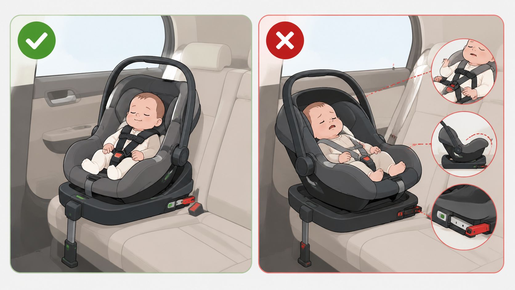 Illustration montrant l'installation correcte et incorrecte d'un siège auto pour bébé sur une base ISOFIX dans une voiture.